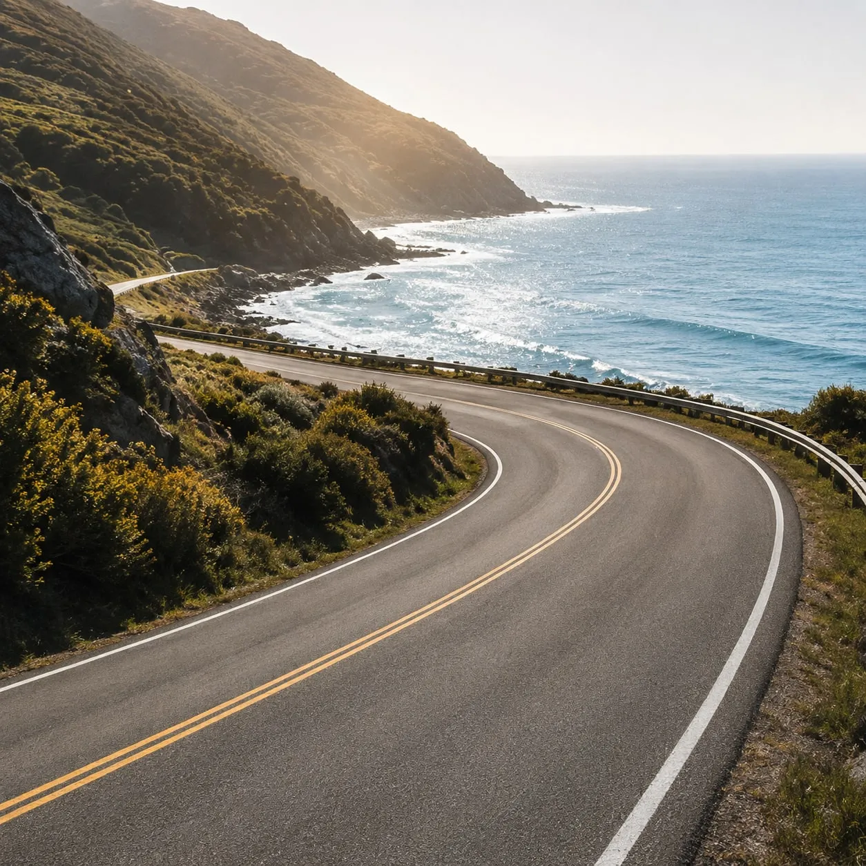 A coastal road winding beside the sea
