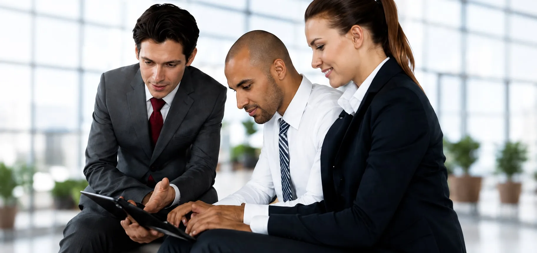 Three colleagues reviewing an application on a tablet