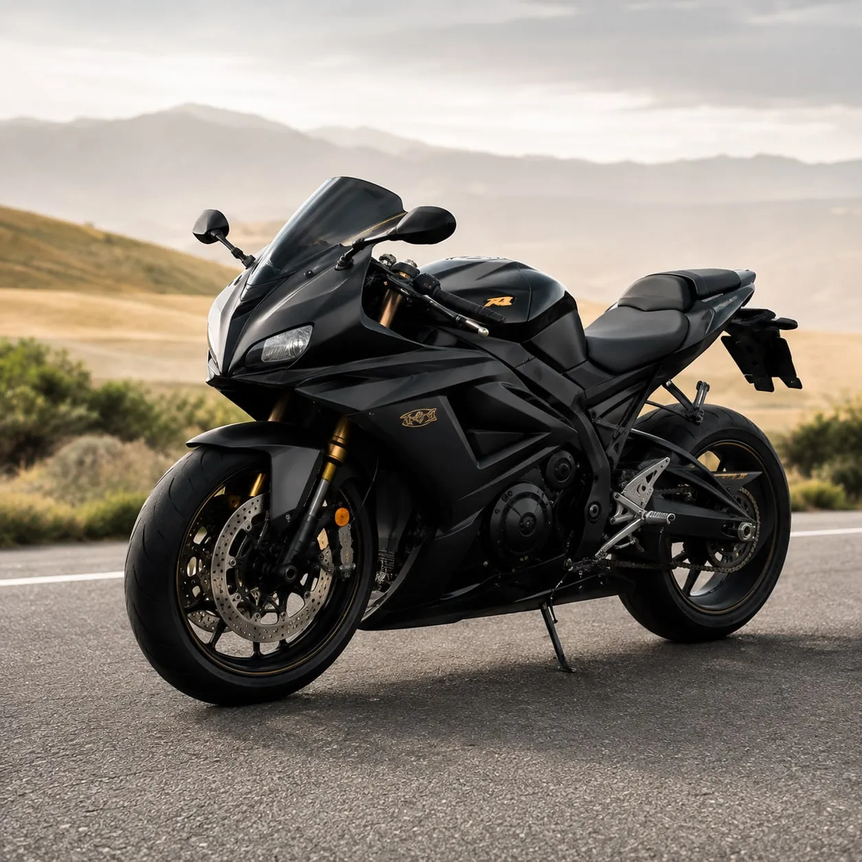 A black sports motorbike on a country road