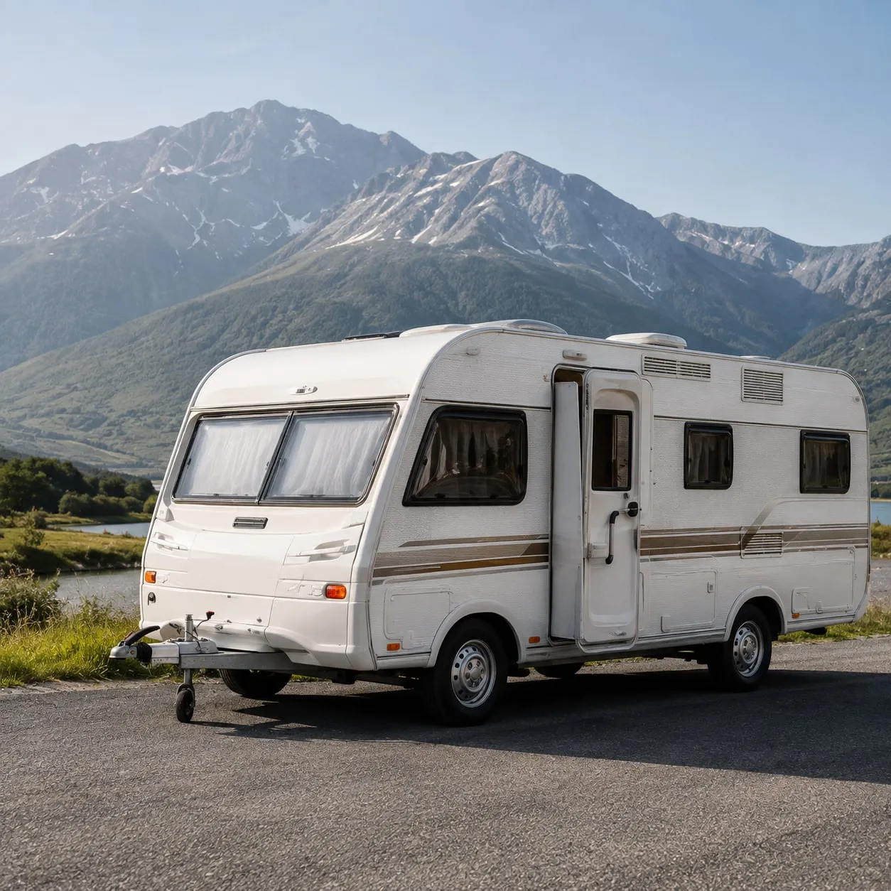 A caravan parked below snowy mountains
