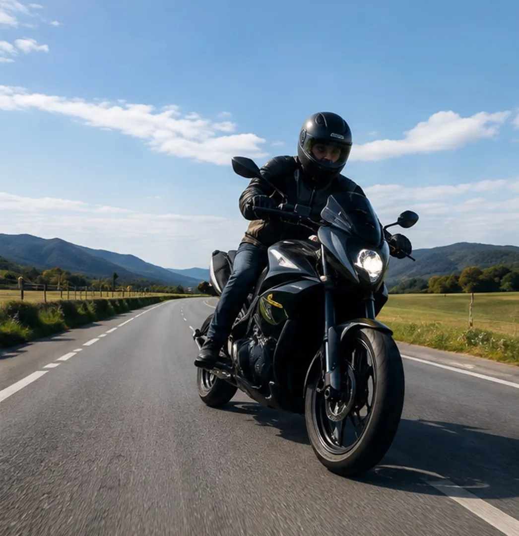 A rider on a motorbike on an open road
