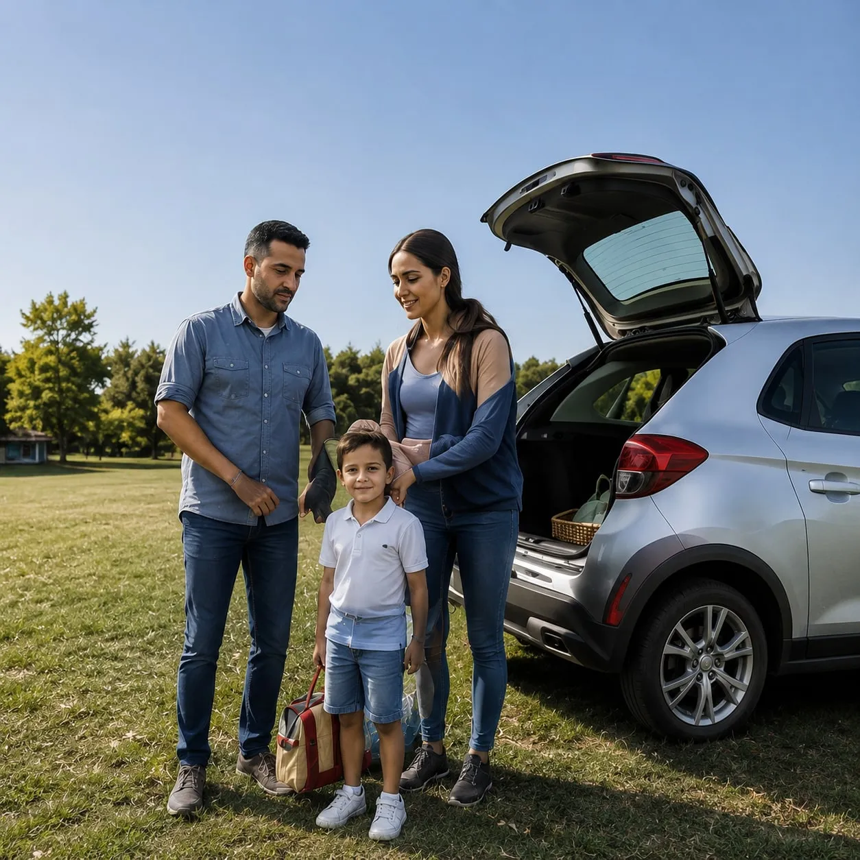 A family standing by the open boot of their car